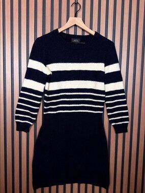 A.P.C Sweater Dress Medium Womens Wool Blend Black White Striped